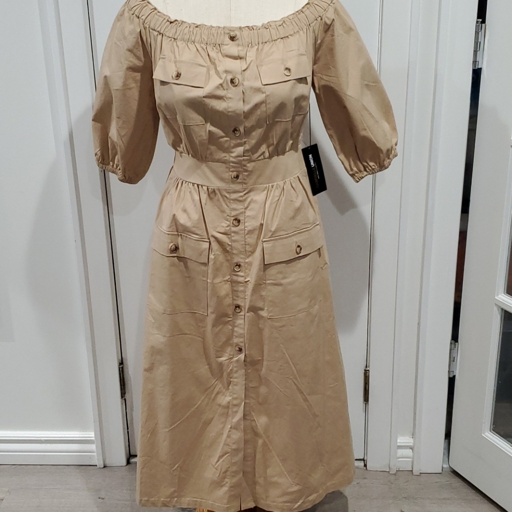 NEW Gabrielle Union Camel Poplin Midi Dress sz Small - Picture 3 of 8